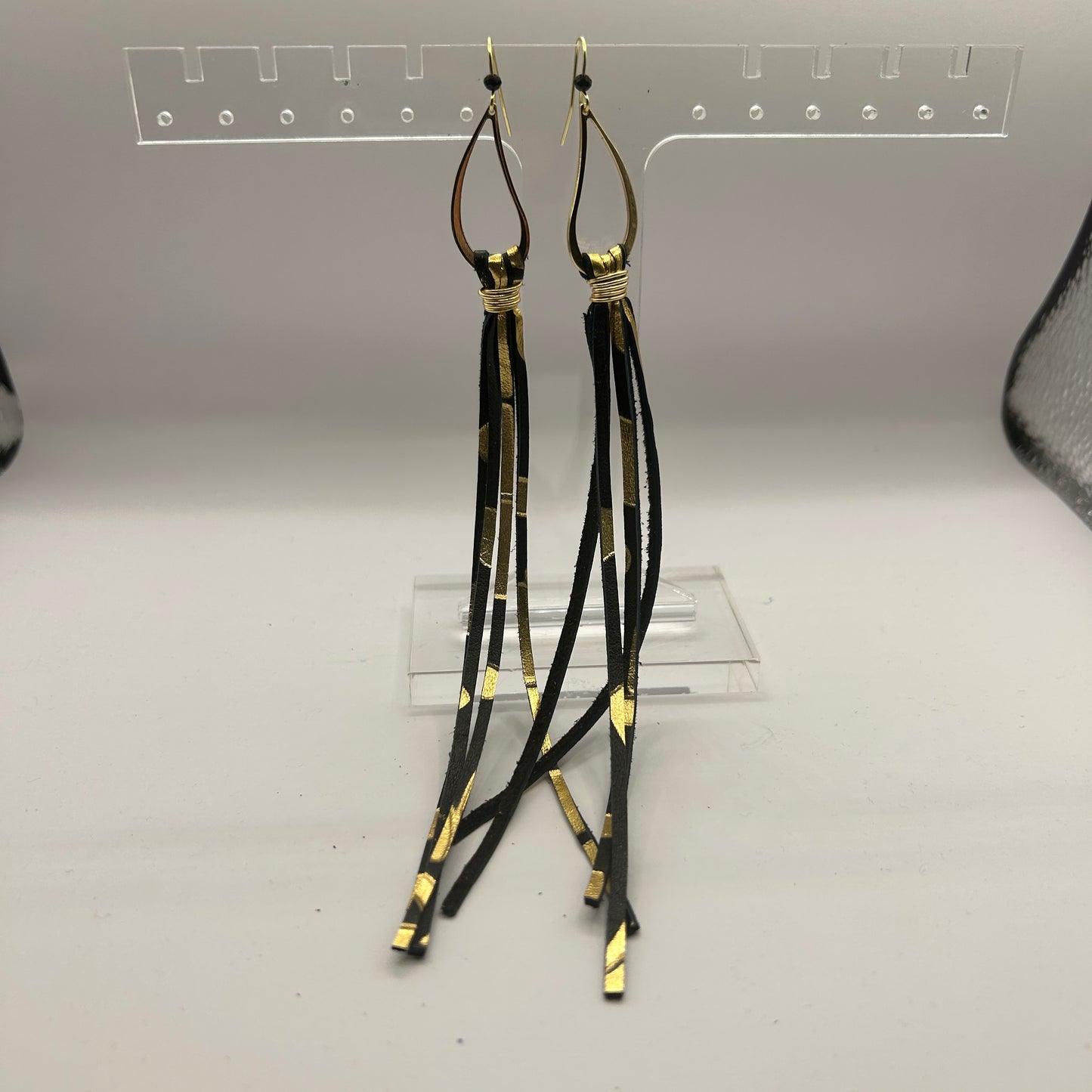 Black and Gold on Stylized Hoop Long Fringe Earrings