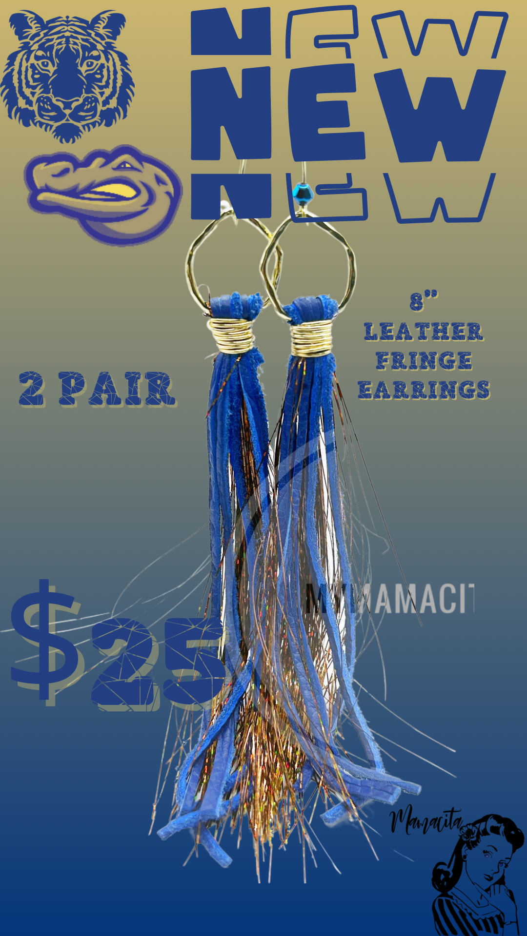 Blue and Gold Tinsel Long Fringe Earrings on Hammered Hoop