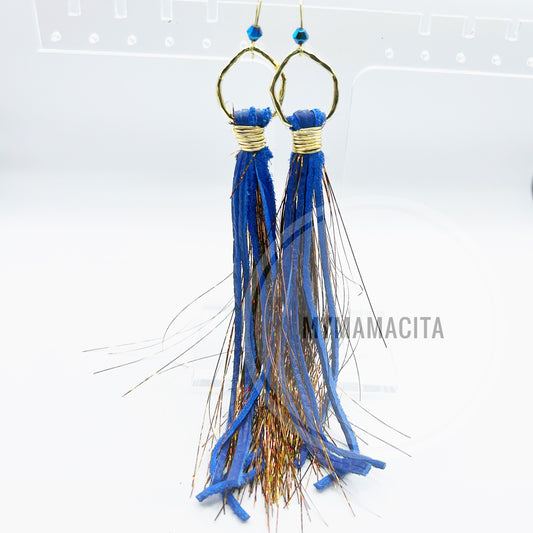Blue and Gold Tinsel Long Fringe Earrings on Hammered Hoop