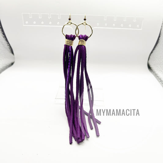 Purple and Gold on Stylized Hoop Long Fringe Earrings
