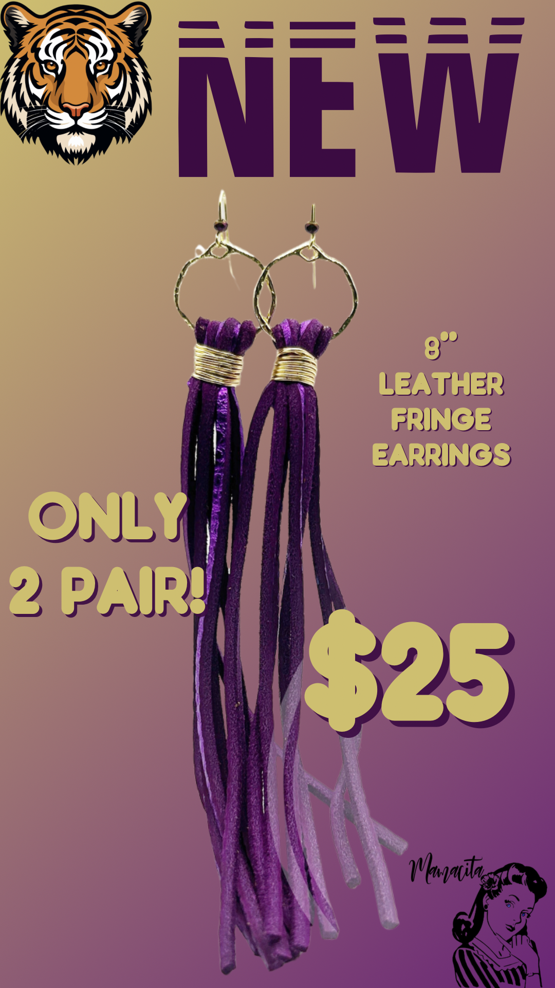Purple and Gold on Stylized Hoop Long Fringe Earrings