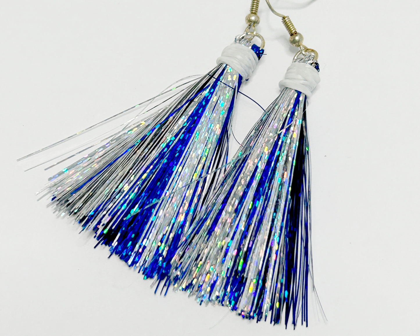 Jesuit Blue Jays Blue and Silver Tinsel Earrings