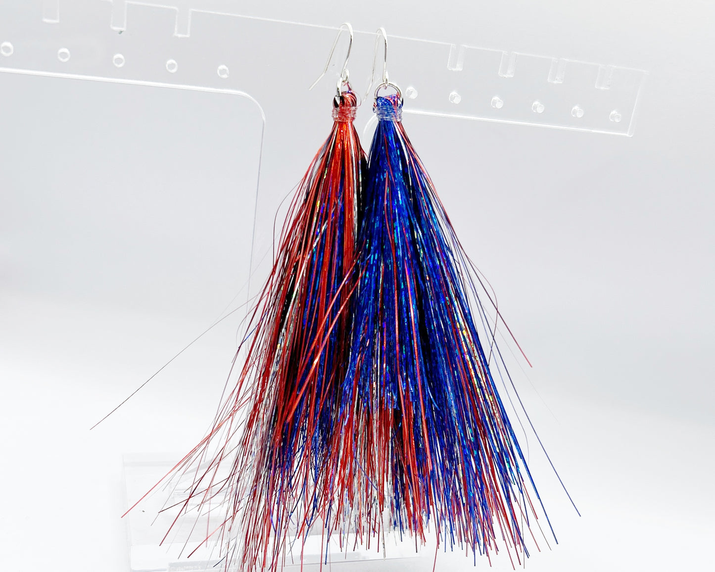 John Curtis Patriots Red, Silver and Blue Tinsel Earrings