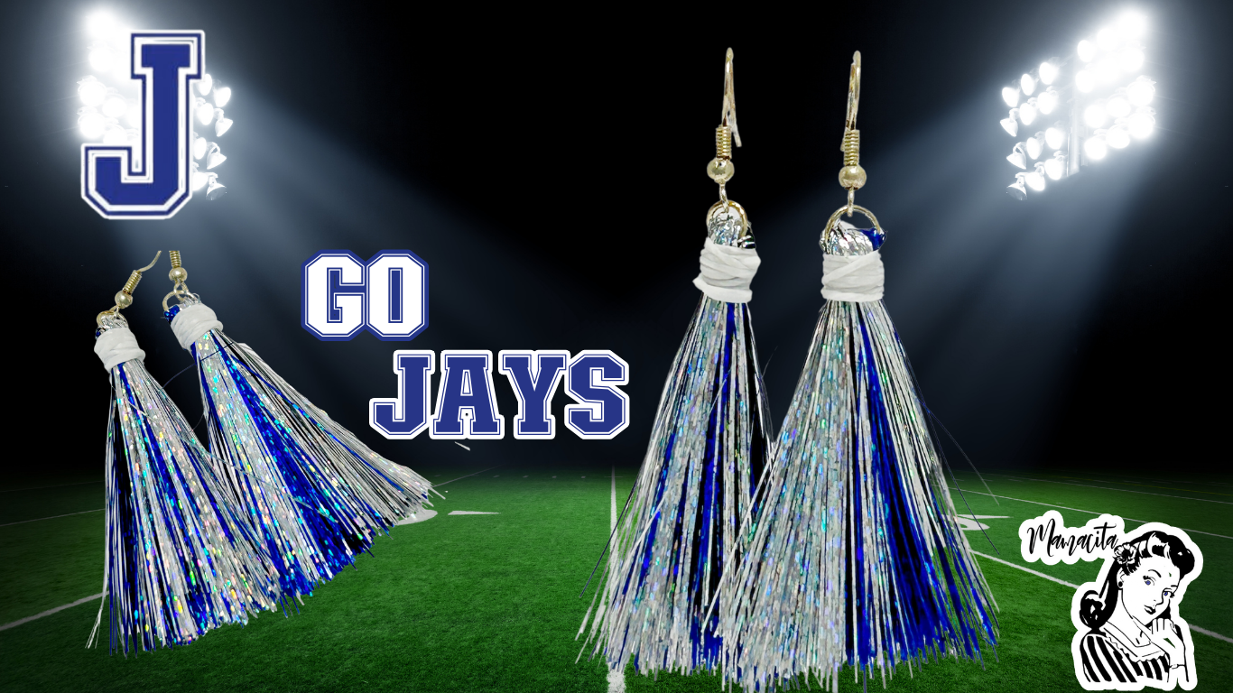 Jesuit Blue Jays Blue and Silver Tinsel Earrings
