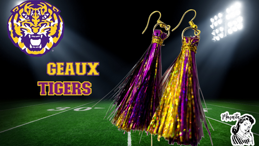 Geaux Tigers LSU Purple and Gold Tinsel Earrings