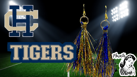 Holy Cross Tigers Blue and Gold Tinsel Earrings