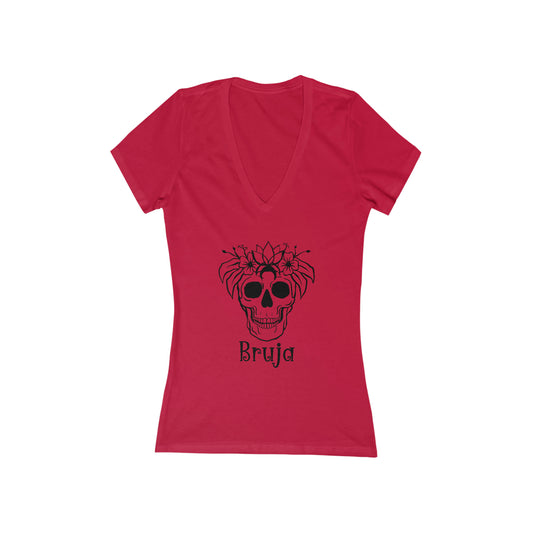 Bruja (Witch) Skull Women's Jersey Short Sleeve Deep V-Neck Tee