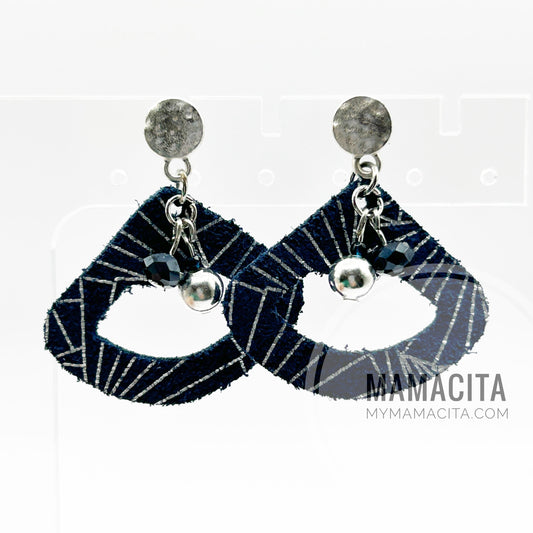 Navy Blue and Silver Geometric Leather Earrings