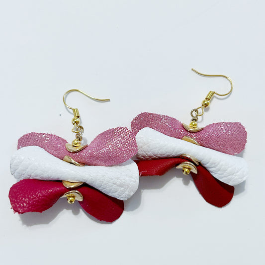 Valentine Red Pink and White Stacked Bow Dangle Earrings