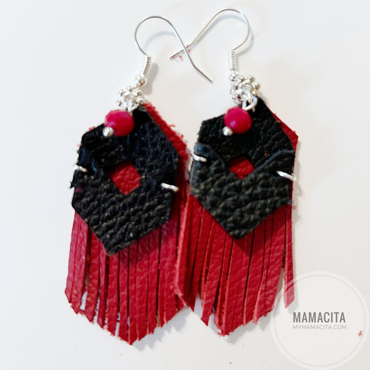 Red and Black Geometric and Fringe Leather Earring