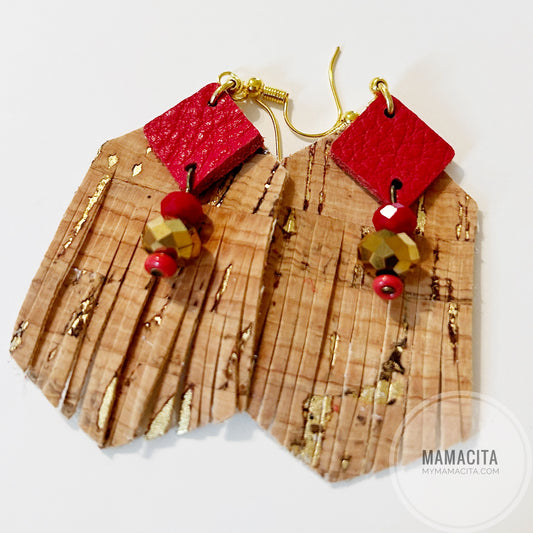 Red and Cork Geometric and Fringe Leather Earring