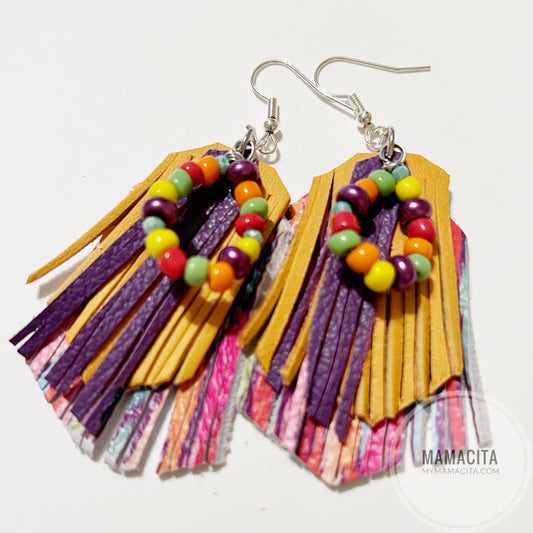 Bold Boho Color Watercolor Fringe and Beaded Earrings - Yellow and Purple