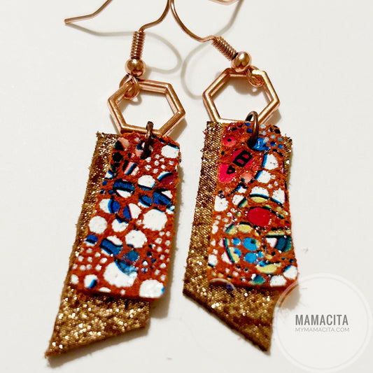 Orange Mosaic Leather and Beaded Dangle Earrings - Rectangle
