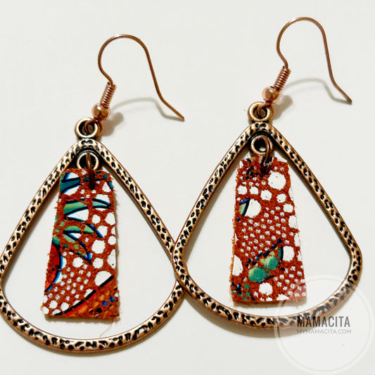 Orange Mosaic Leather and Beaded Dangle Earrings - Copper Frame