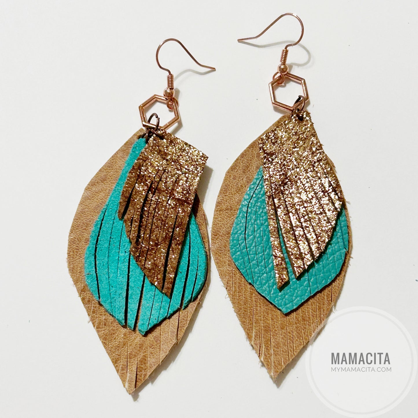 Teal and Tan Feather Fringe Leather Earring
