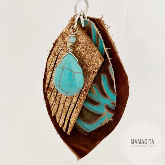 Teal, Tooled Leather and Brown Feather Beaded Fringe Leather Earring