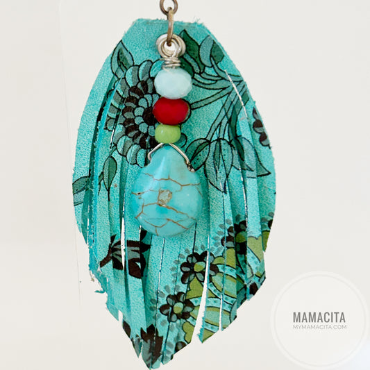 Teal Flower Feather Beaded Fringe Leather Earring