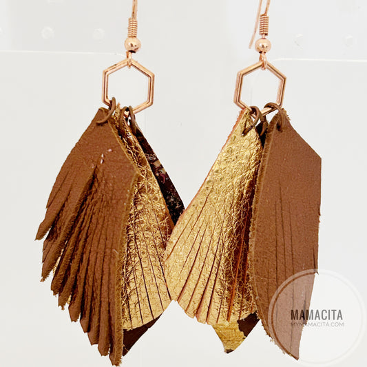 Brown, Rose Gold and Copper Fringe Leather Earring