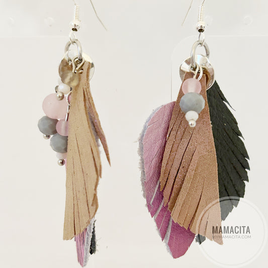Grey and Pink Beaded Fringe Leather Earring
