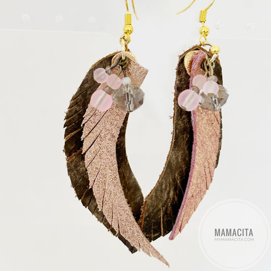 Brown and Pink Beaded Fringe Leather Earring
