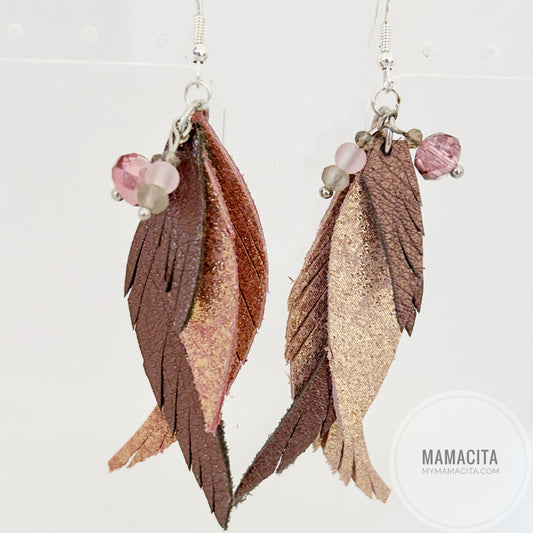 Brown and Pink Beaded Fringe Layered Leather Earring