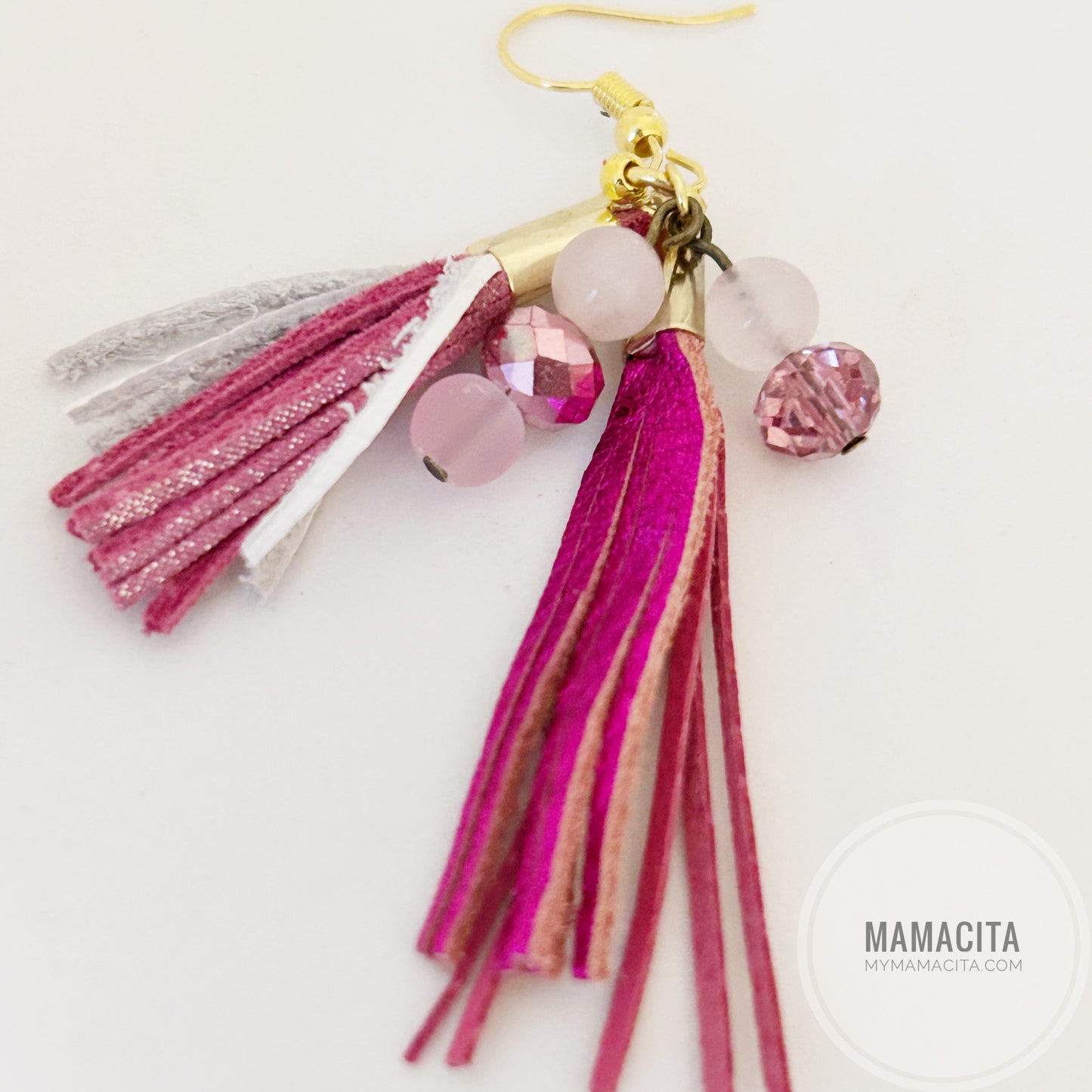 Pink and Red Tassel Layered Leather Earring