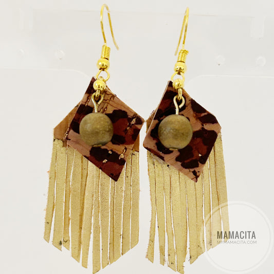 Leopard Print and Gold Geometric Beaded Layered Leather and Cork Earring