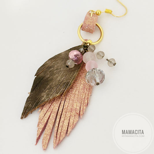 Brown and Pink Beaded Fringe Leather Earring - Tabbed