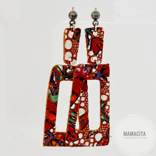 Orange Mosaic Leather and Beaded Dangle Earrings - Frame