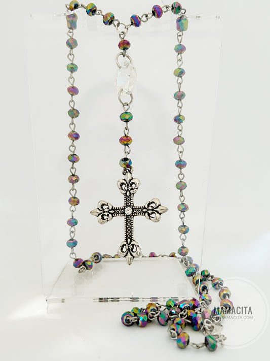 Rosary Style Necklace with Cross - Multicolored