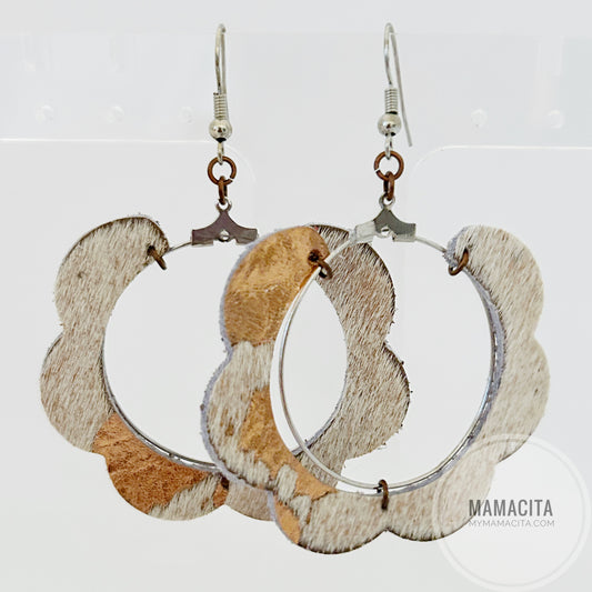 Cowhide Hair on Leather and Rose Gold Foil Leather Flower Hoop Earrings