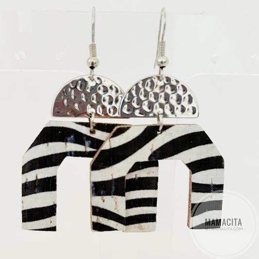 Zebra Print Cork and Silver Horse Shoe Earrings