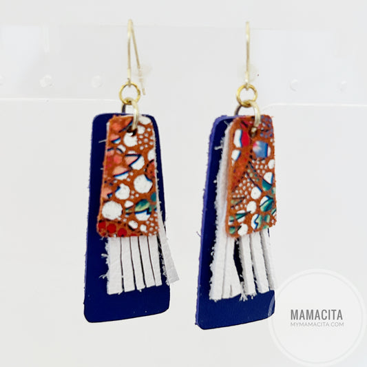 Orange, White and Blue Mosaic Leather Fringe Earrings