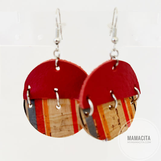 Red Striped Circle Cork and Leather Earrings
