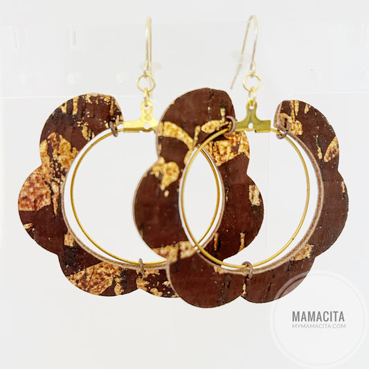 Brown and Copper Print Cork Over Leather Flower Hoop Earrings