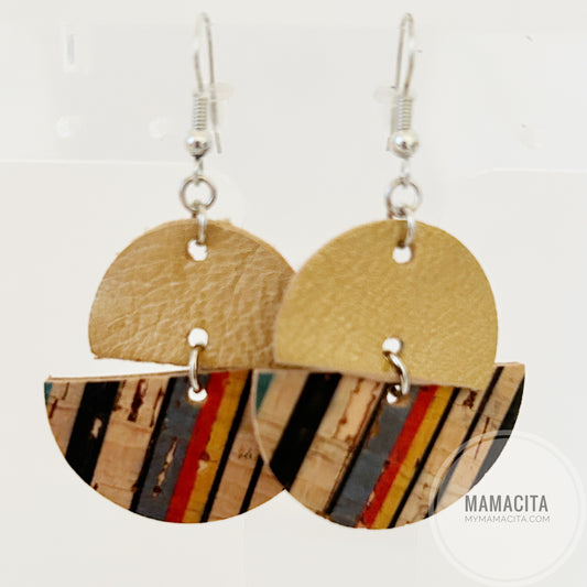 Gold Striped Offset Circle Cork and Leather Earrings