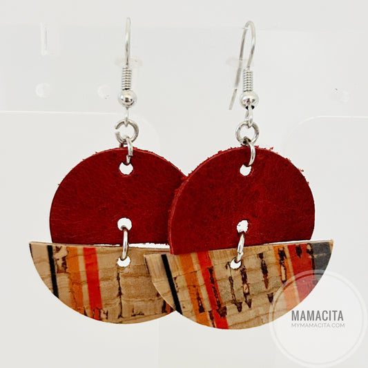 Red Striped Offset Circle Cork and Leather Earrings
