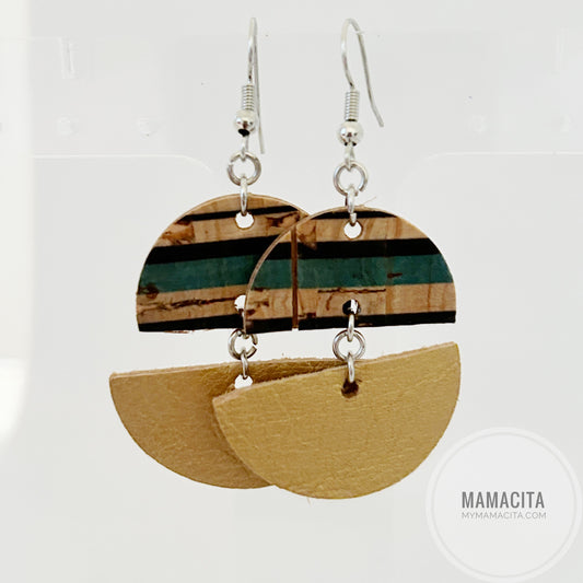 Green and Gold Striped Offset Circle Cork and Leather Earrings