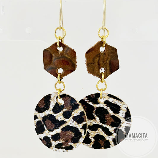 Geometric Embossed Brown and Cheetah Print Earrings