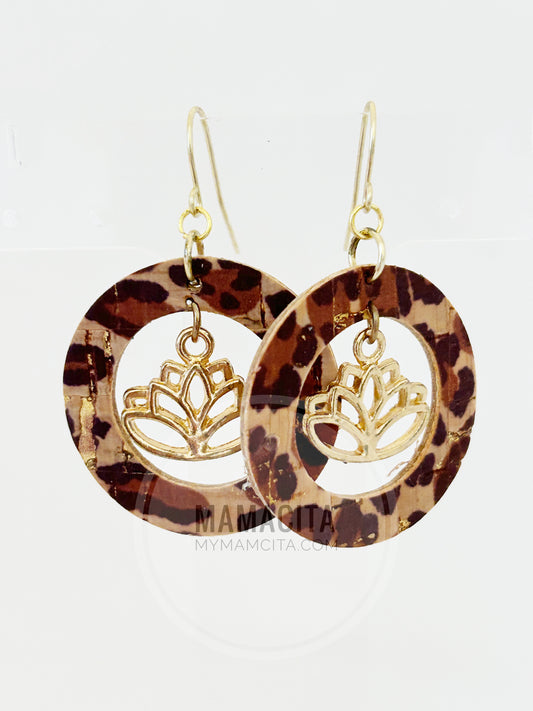 Cheetah Cork and Lotus Flower Circle Earrings