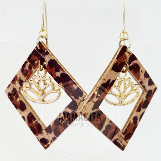 Cheetah Cork and Lotus Flower Diamond Earrings