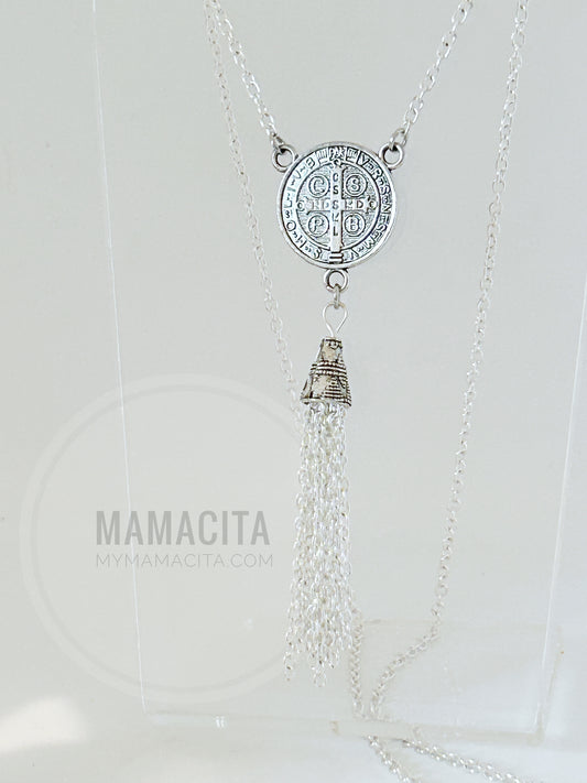 St Benedict Medal Necklace Metal Chain Tassel Rosary Style