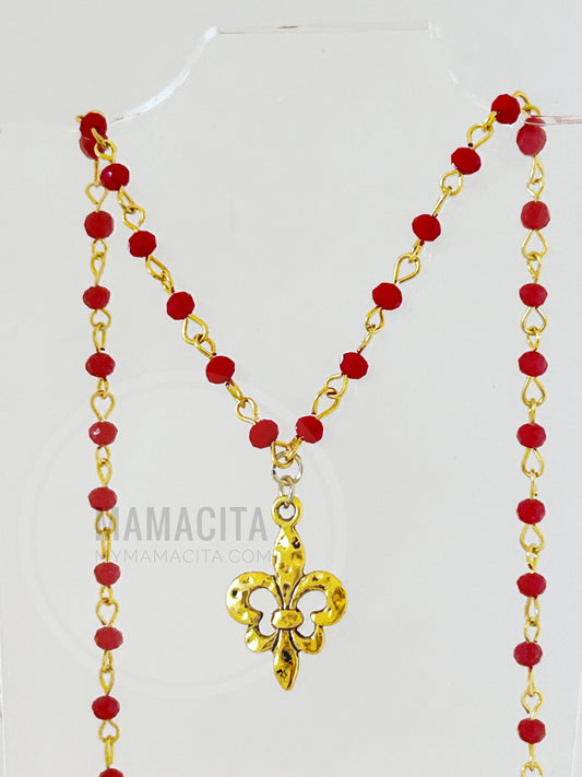 Rosary Style Necklace with Fleur de Lis - Red and Gold