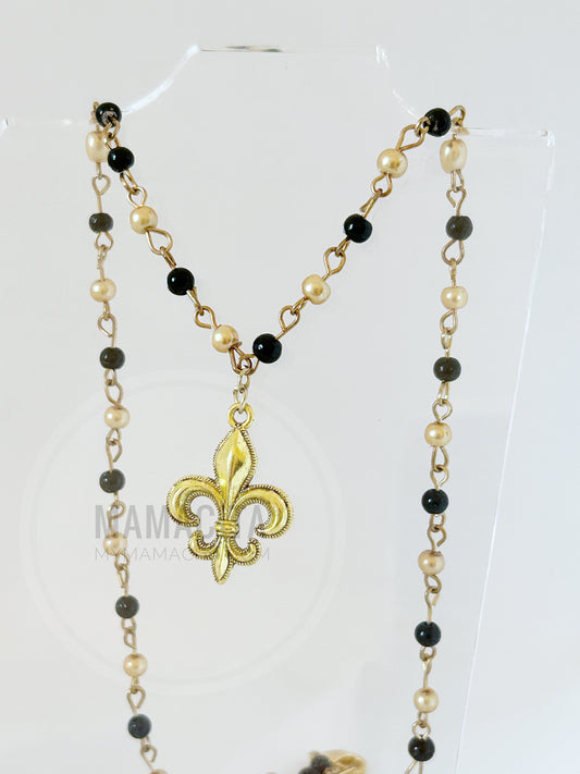 Rosary Style Necklace with Fleur de Lis - Black and Gold