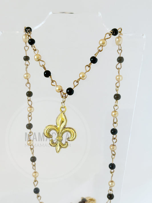 Black and Gold Rosary Beaded Fleur de Lis Necklace