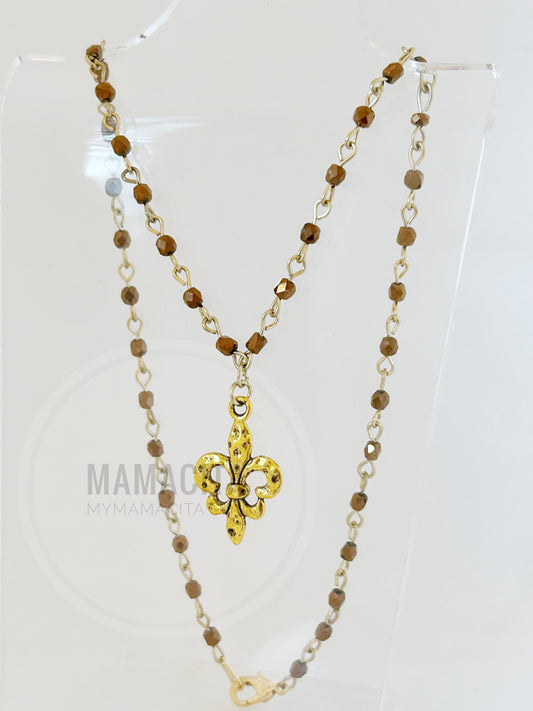 Brown and Gold Rosary Beaded Fleur de Lis Necklace