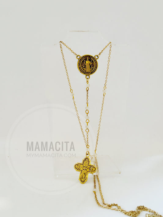 Gold St Benedict Medal Necklace Rosary Style with Cross