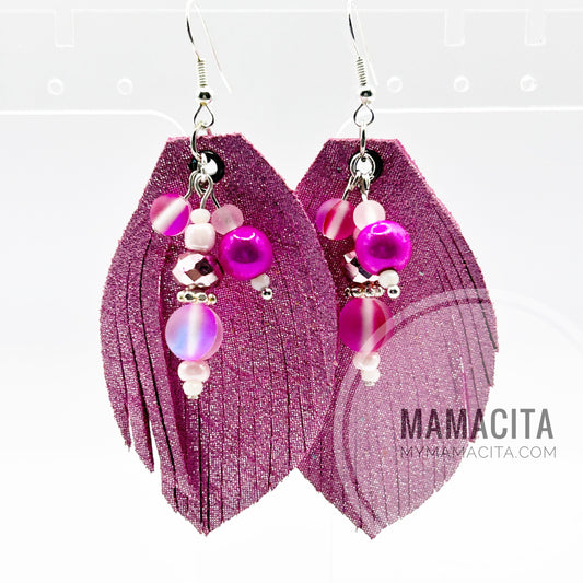 Magenta Glitter Leather and Beaded Leather Earrings