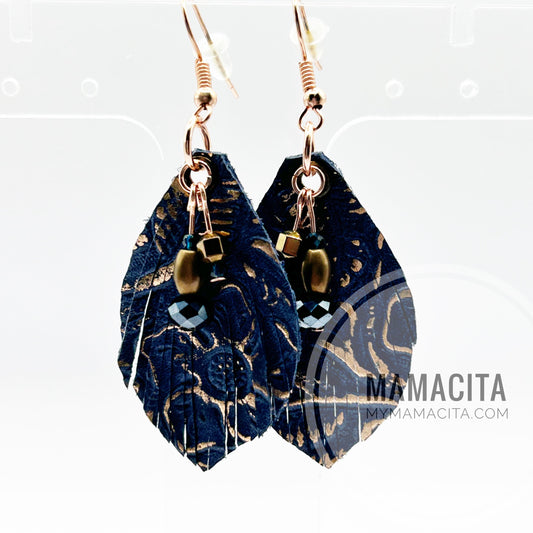 Navy and Copper Beaded Leather Earrings