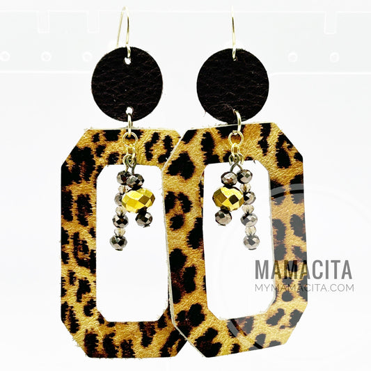Gold Leopard Print Leather Long Rectangle Beaded Earrings